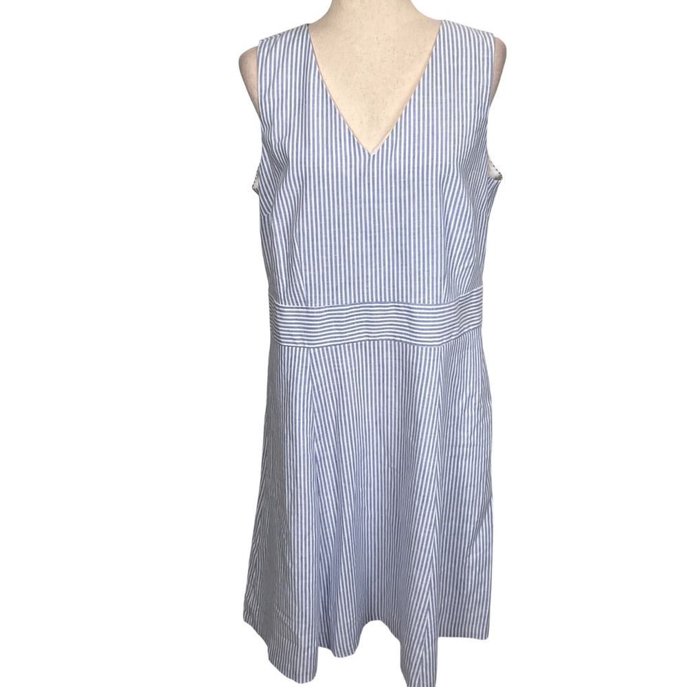 Talbots Dress Womens 12 Blue White Pinstripe A-Line Summer Coastal Comfort Linen